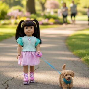 American Girl Doll with Pink and Blue Outfit